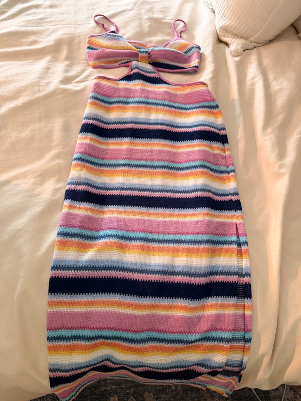 SHEIN Multicolor Striped Knit Midi Skirt in Pink, Navy & Yellow